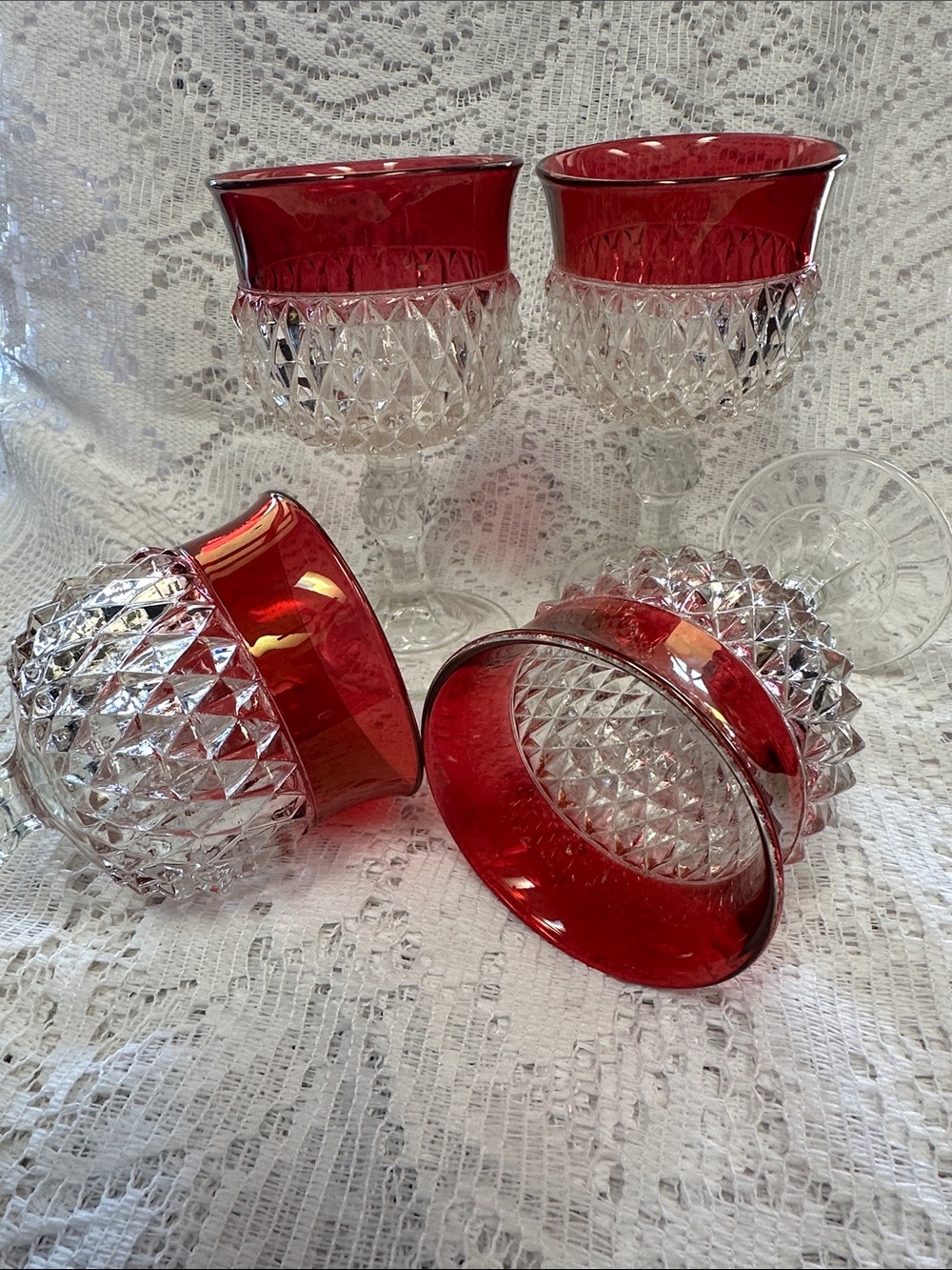 Vintage Indiana Glass King’s Crown Ruby Flashed Diamond Point Wine Goblets
